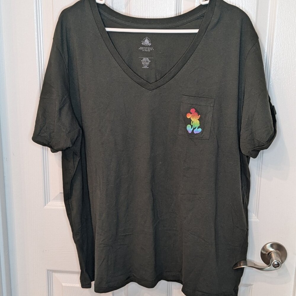 Disney Pride V-Neck Rainbow Mickey Mouse Pocket Tee Olive Green Size 2X